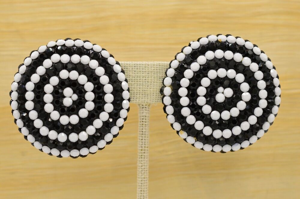 Richard Kerr Vintage Clip On Earrings Black White Rhinestone Crystal Signed BinZ
